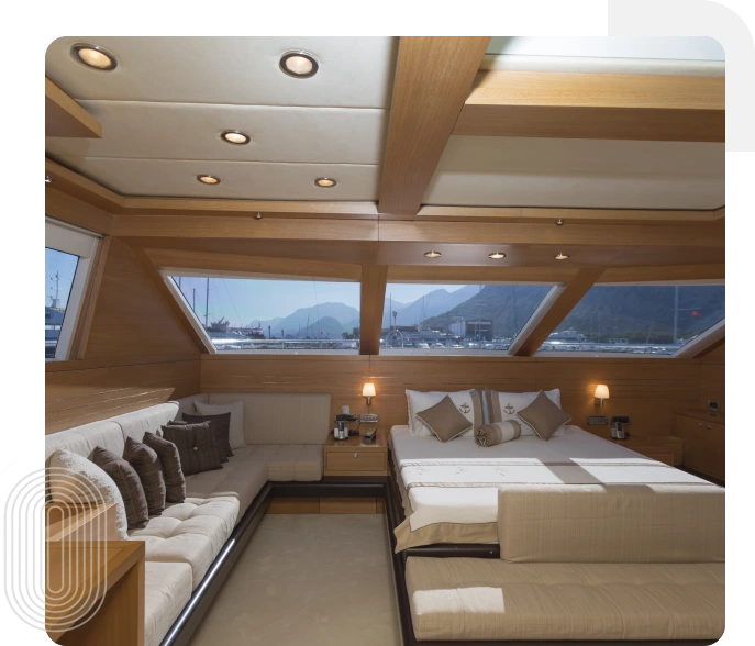 Luxury yacht master suite with sea view.